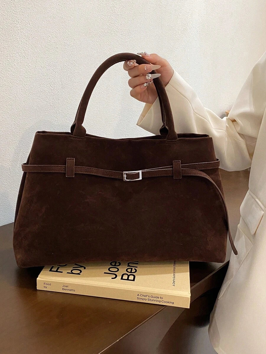 1pc Coffee Color Women Handbag, Retro Suede Leather Tote Bag With Large Capacity, Belt Decor, PU Material, Fashion Vintage Minimalist Style, Suitable For Women Shopping And Daily Use, Tote Bags For La