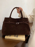 1pc Coffee Color Women Handbag, Retro Suede Leather Tote Bag With Large Capacity, Belt Decor, PU Material, Fashion Vintage Minimalist Style, Suitable For Women Shopping And Daily Use, Tote Bags For La