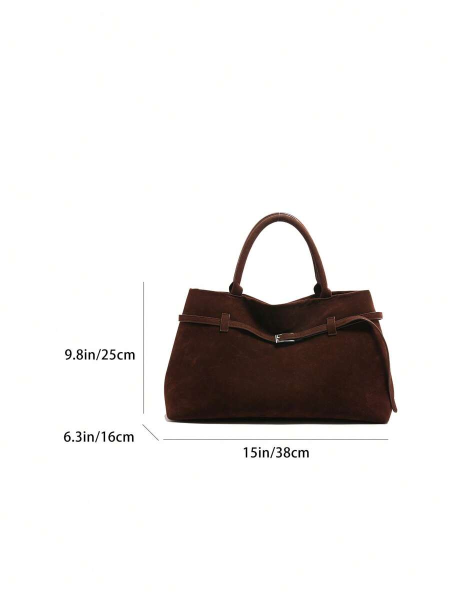 1pc Coffee Color Women Handbag, Retro Suede Leather Tote Bag With Large Capacity, Belt Decor, PU Material, Fashion Vintage Minimalist Style, Suitable For Women Shopping And Daily Use, Tote Bags For La