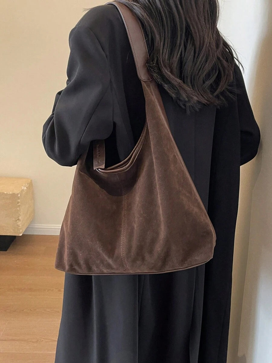 Autumn Vintage Velvet Large Capacity Casual Shoulder Tote Bag With Letter Embossed Leather Patch Decoration, Casual Handheld Colorblock Solid Color Large Bag, Matte Finish Women's Bag, Elegant Versati
