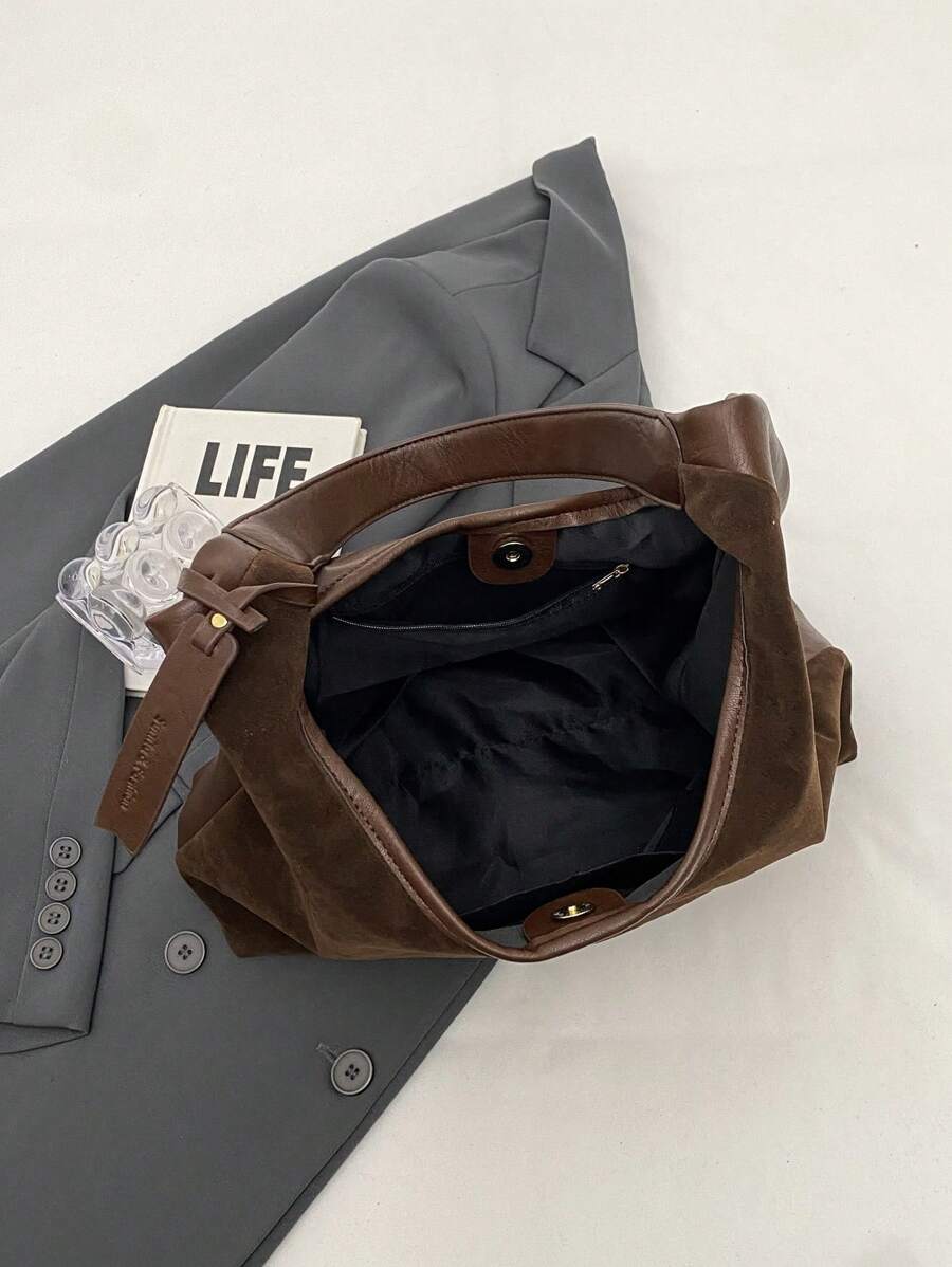 Autumn Vintage Velvet Large Capacity Casual Shoulder Tote Bag With Letter Embossed Leather Patch Decoration, Casual Handheld Colorblock Solid Color Large Bag, Matte Finish Women's Bag, Elegant Versati