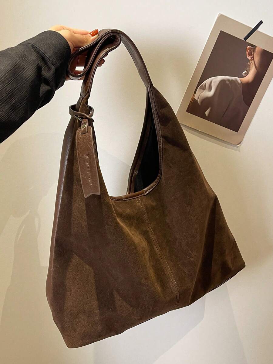 Autumn Vintage Velvet Large Capacity Casual Shoulder Tote Bag With Letter Embossed Leather Patch Decoration, Casual Handheld Colorblock Solid Color Large Bag, Matte Finish Women's Bag, Elegant Versati