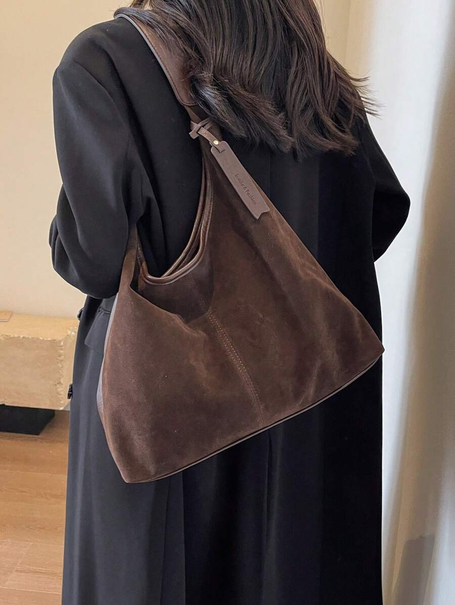Autumn Vintage Velvet Large Capacity Casual Shoulder Tote Bag With Letter Embossed Leather Patch Decoration, Casual Handheld Colorblock Solid Color Large Bag, Matte Finish Women's Bag, Elegant Versati