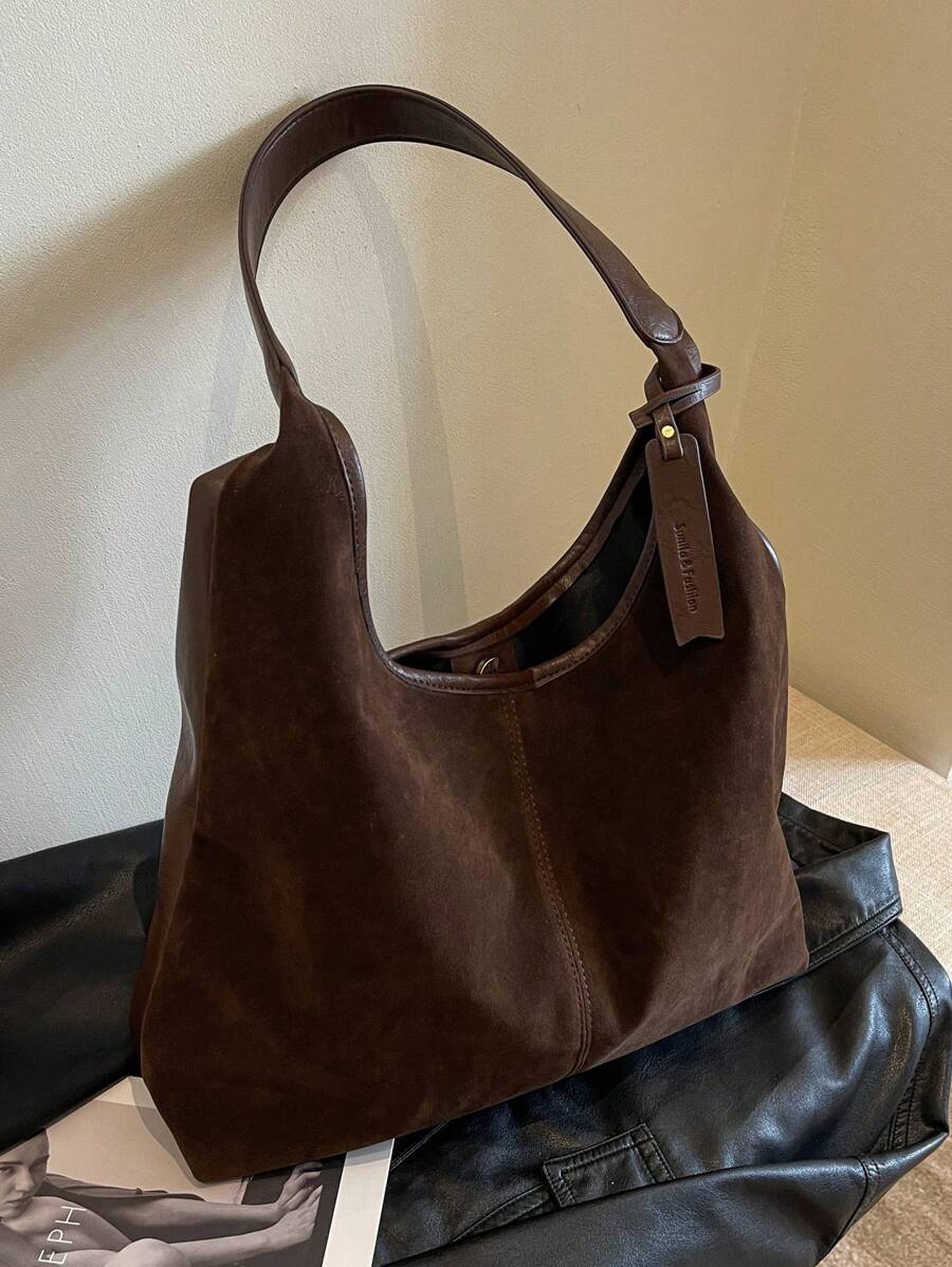 Autumn Vintage Velvet Large Capacity Casual Shoulder Tote Bag With Letter Embossed Leather Patch Decoration, Casual Handheld Colorblock Solid Color Large Bag, Matte Finish Women's Bag, Elegant Versati