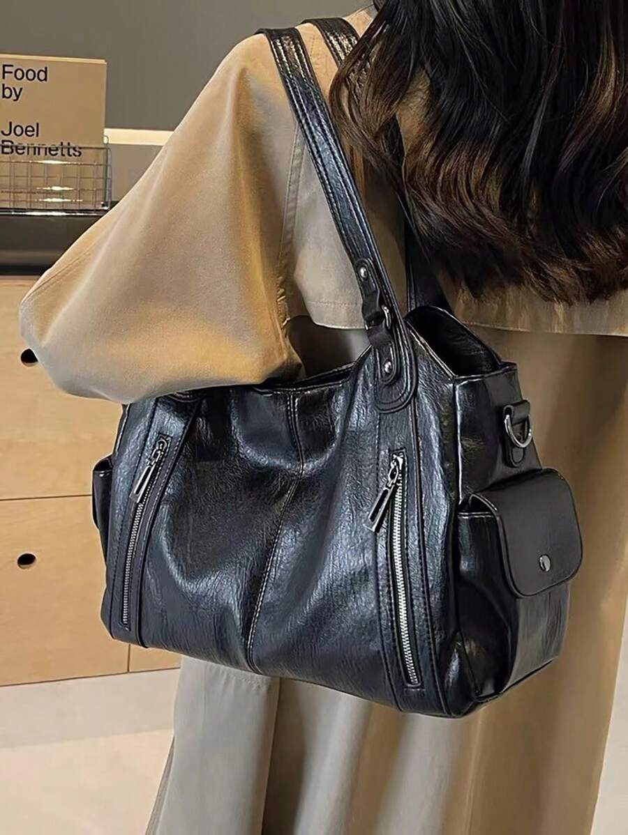 Lightweight Business Casual Portable Rivet Detail Shoulder Tote Bag, Suitable For White-Collar Workers, Teachers, Young Women, College Students, Young Professionals, And Office Workers. This Fashionab
