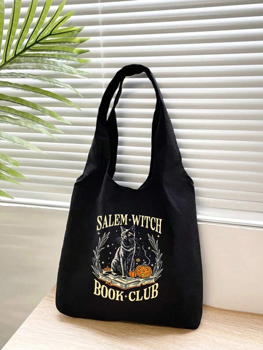 2026 Fashion Women's Handbag With Letter, Book, Cat And Pumpkin Pattern, Y2K Style Shoulder Bag, Portable Shopping Tote, Halloween Gift, Reading Week Gift, Minimalist Travel Organizer, Multifunctional
