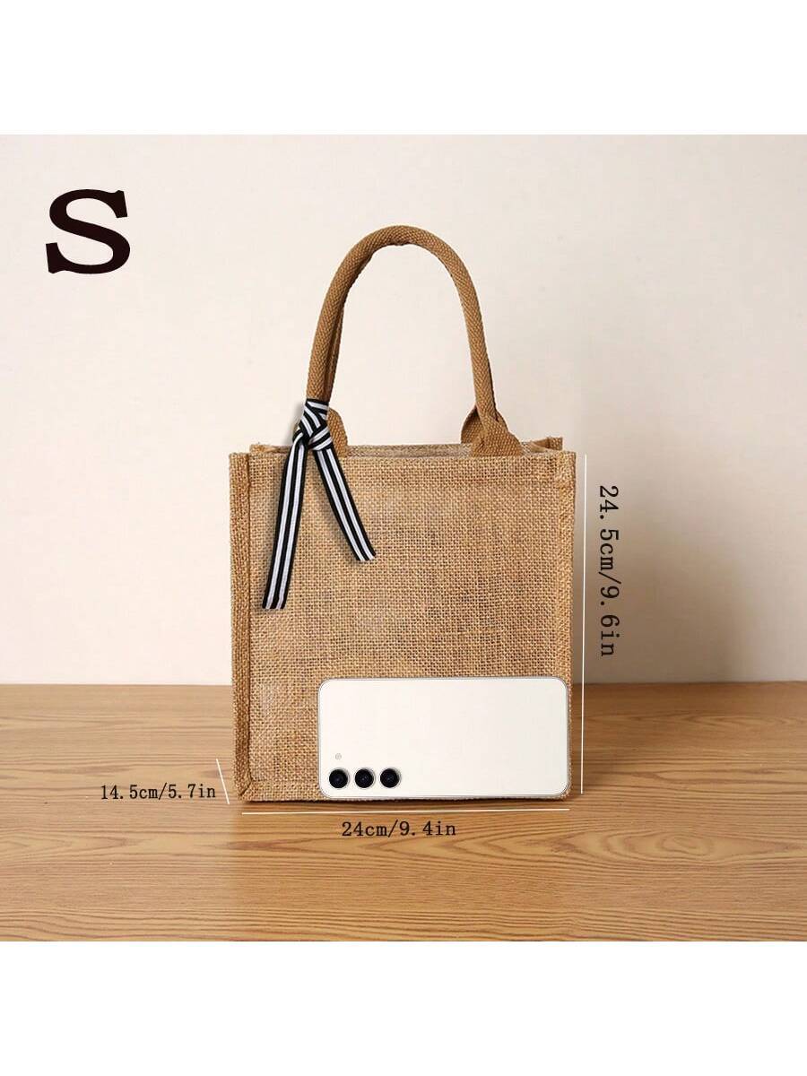 Vintage Fashion Jute Large Capacity Women's Tote Bag, Reusable, Daily Shopping Large Tote Bag, With Lining, Waterproof, Travel Beach Vacation Tote Bag