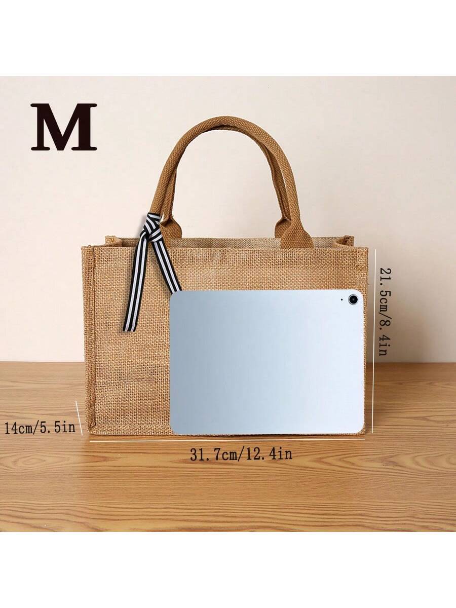 Vintage Fashion Jute Large Capacity Women's Tote Bag, Reusable, Daily Shopping Large Tote Bag, With Lining, Waterproof, Travel Beach Vacation Tote Bag