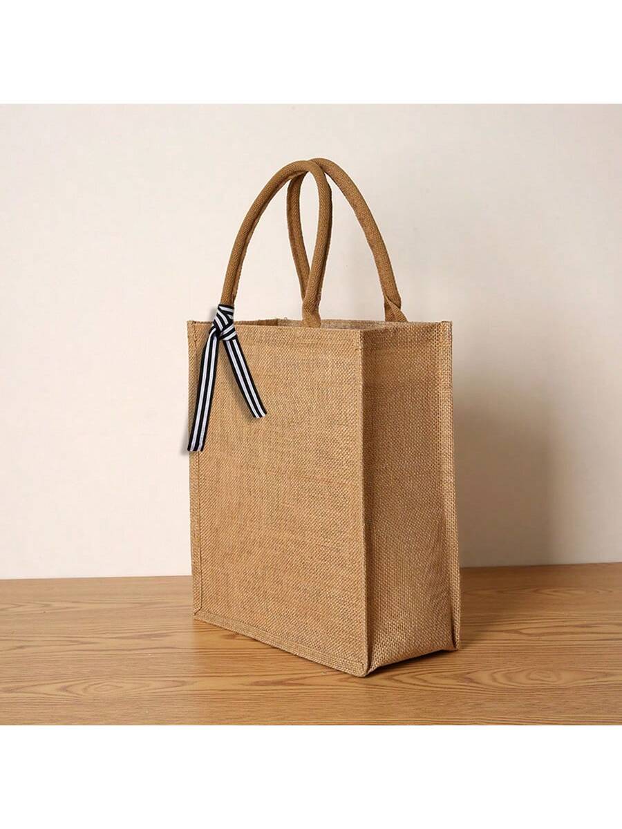Vintage Fashion Jute Large Capacity Women's Tote Bag, Reusable, Daily Shopping Large Tote Bag, With Lining, Waterproof, Travel Beach Vacation Tote Bag