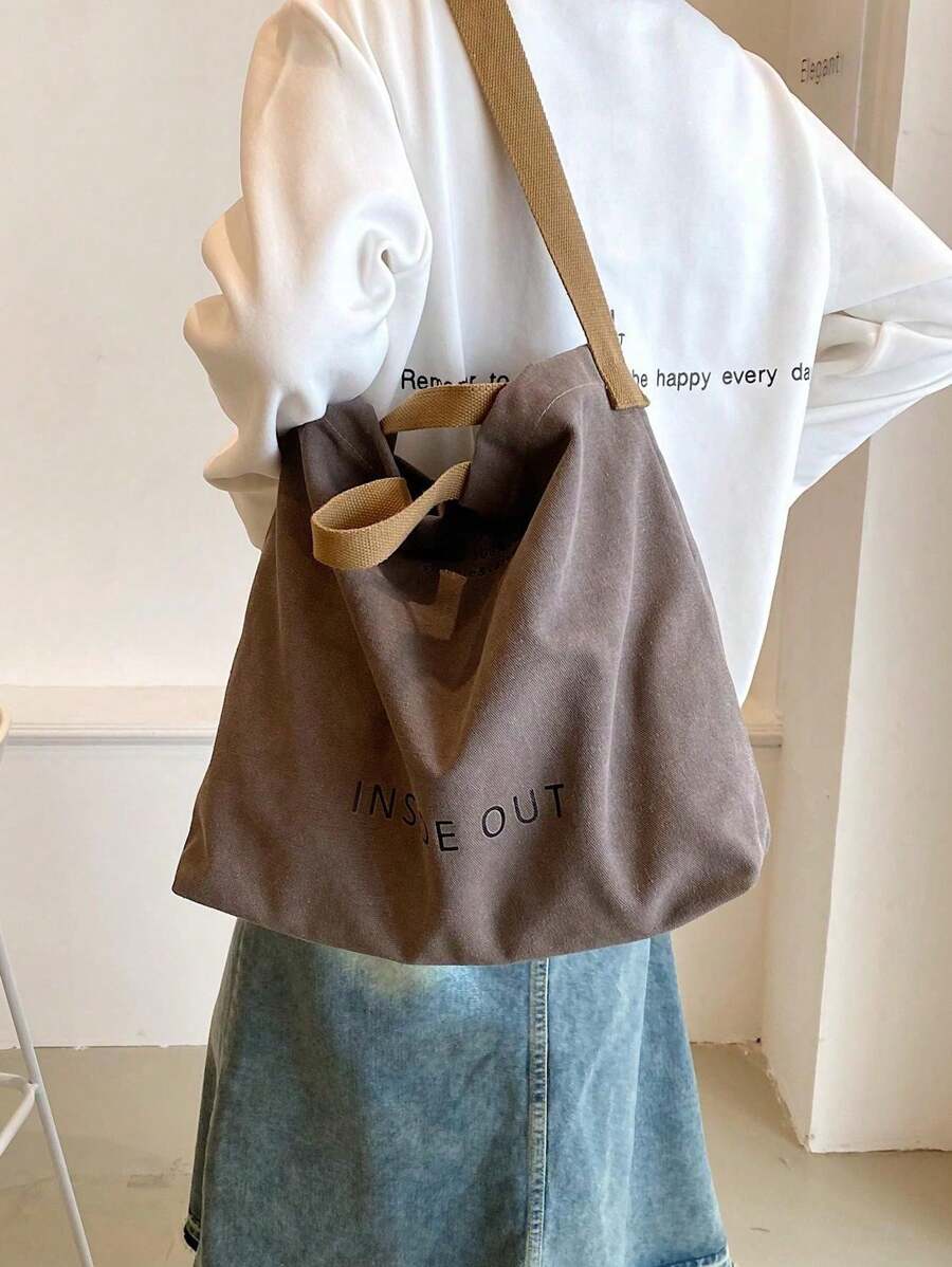 Vintage Canvas Tote Bag With Letter Print, Handbag, Shoulder Bag, Crossbody Bag, Casual Versatile Tote Bag For Men And Women, Commuting, Work, School, Travel