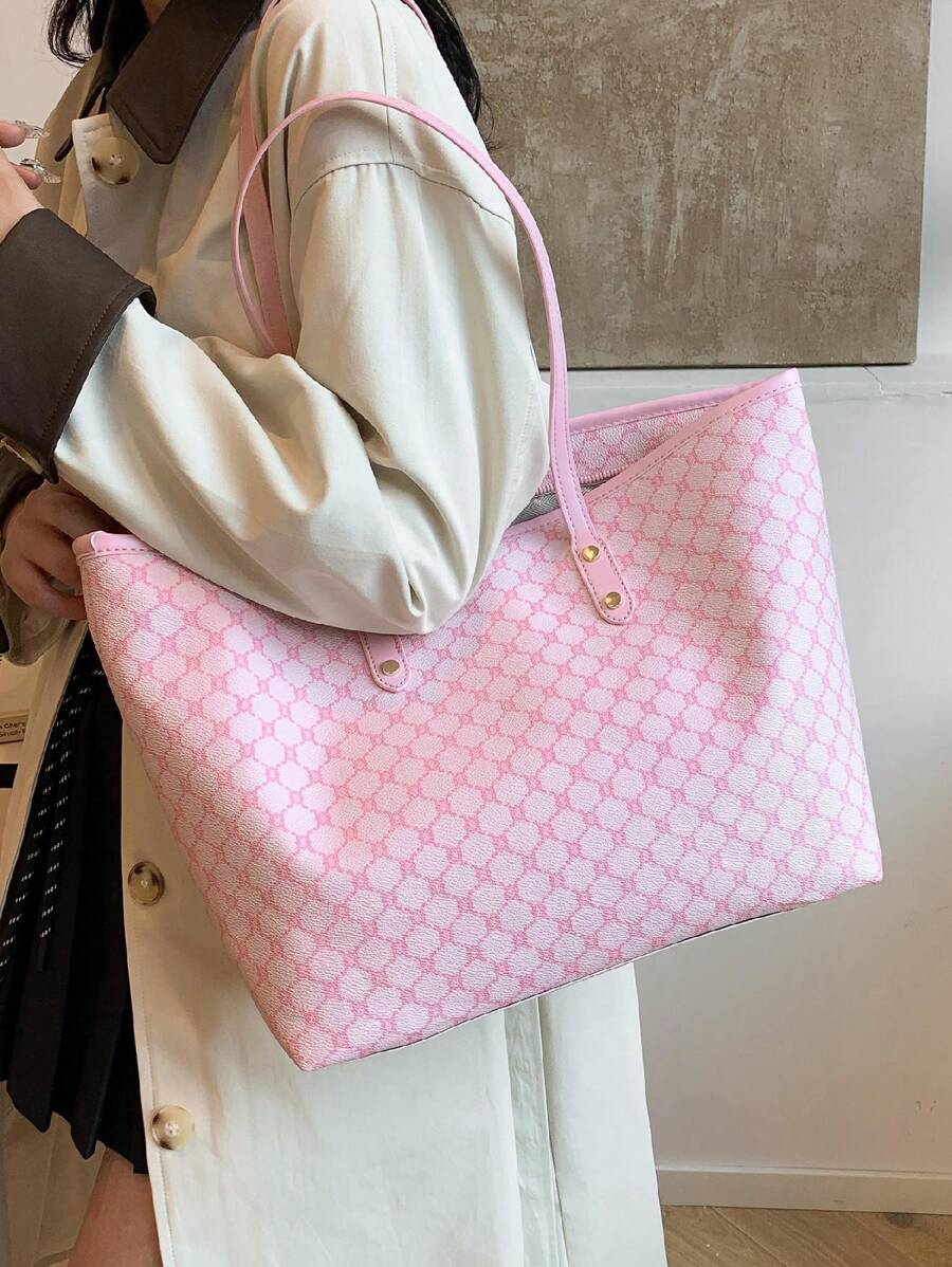 Fashion Versatile Minimalist Geometric Print Luxurious Tote Bag,Pink Bag