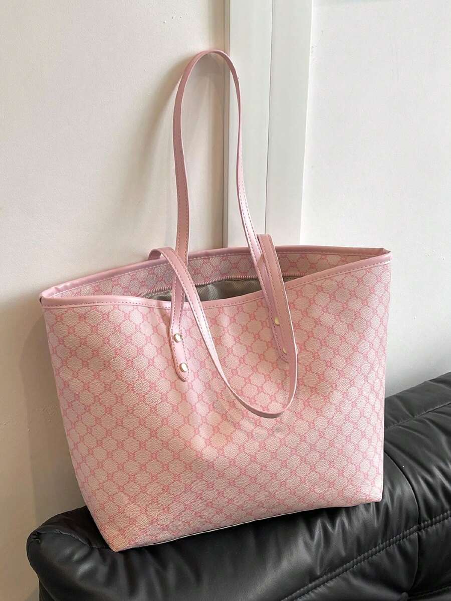 Fashion Versatile Minimalist Geometric Print Luxurious Tote Bag,Pink Bag
