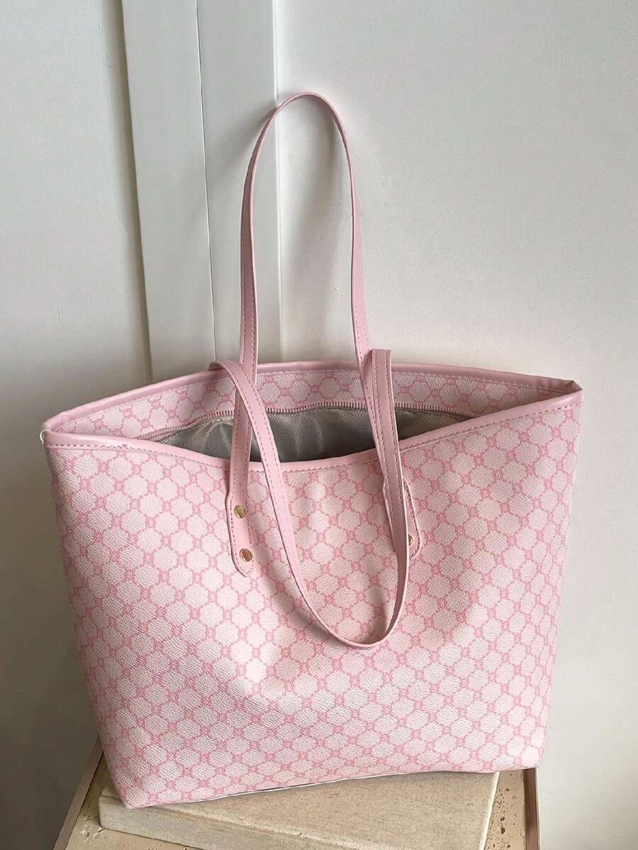 Fashion Versatile Minimalist Geometric Print Luxurious Tote Bag,Pink Bag
