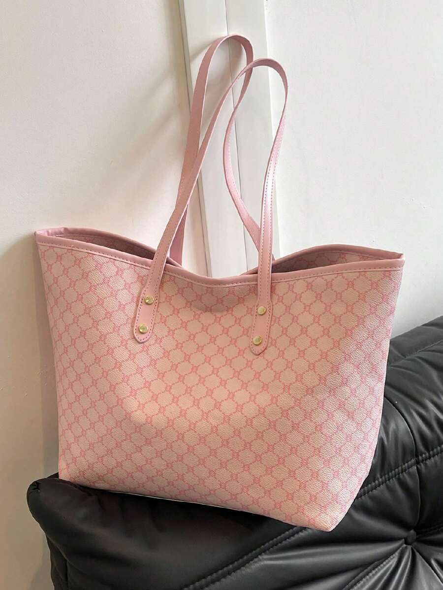 Fashion Versatile Minimalist Geometric Print Luxurious Tote Bag,Pink Bag