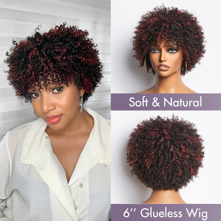 Dark Red / Blonde Highlights / Natural Black Afro Curls Glueless Ready to Go Wig Beginner Friendly - US Only