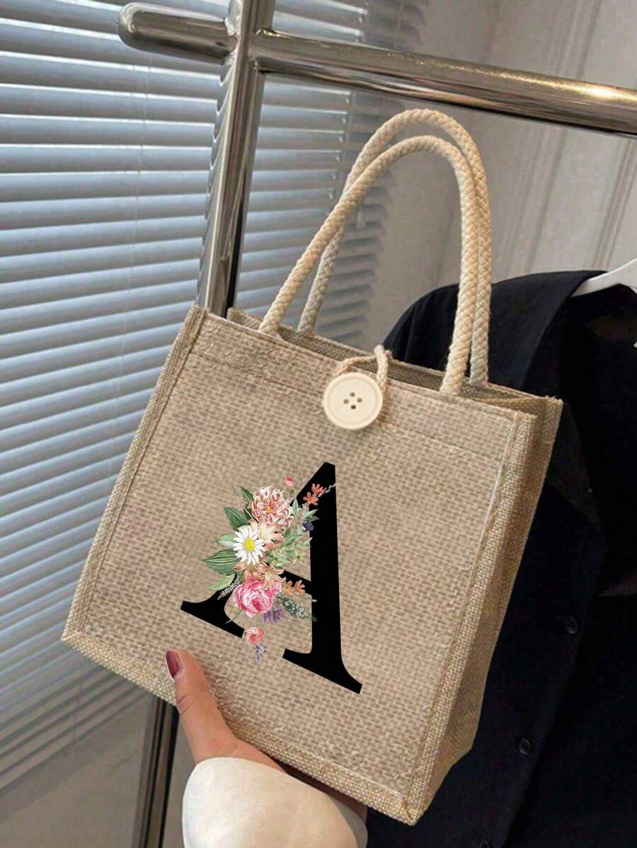 Letter Print Tote Bag, Floral Print Linen Tote Bag, Button Decor Tote Bag, Minimalist Large Capacity Tote Bag, Portable Casual Storage Tote Bag, Multi-Function Shopping Bag, New Design, Large Capacity