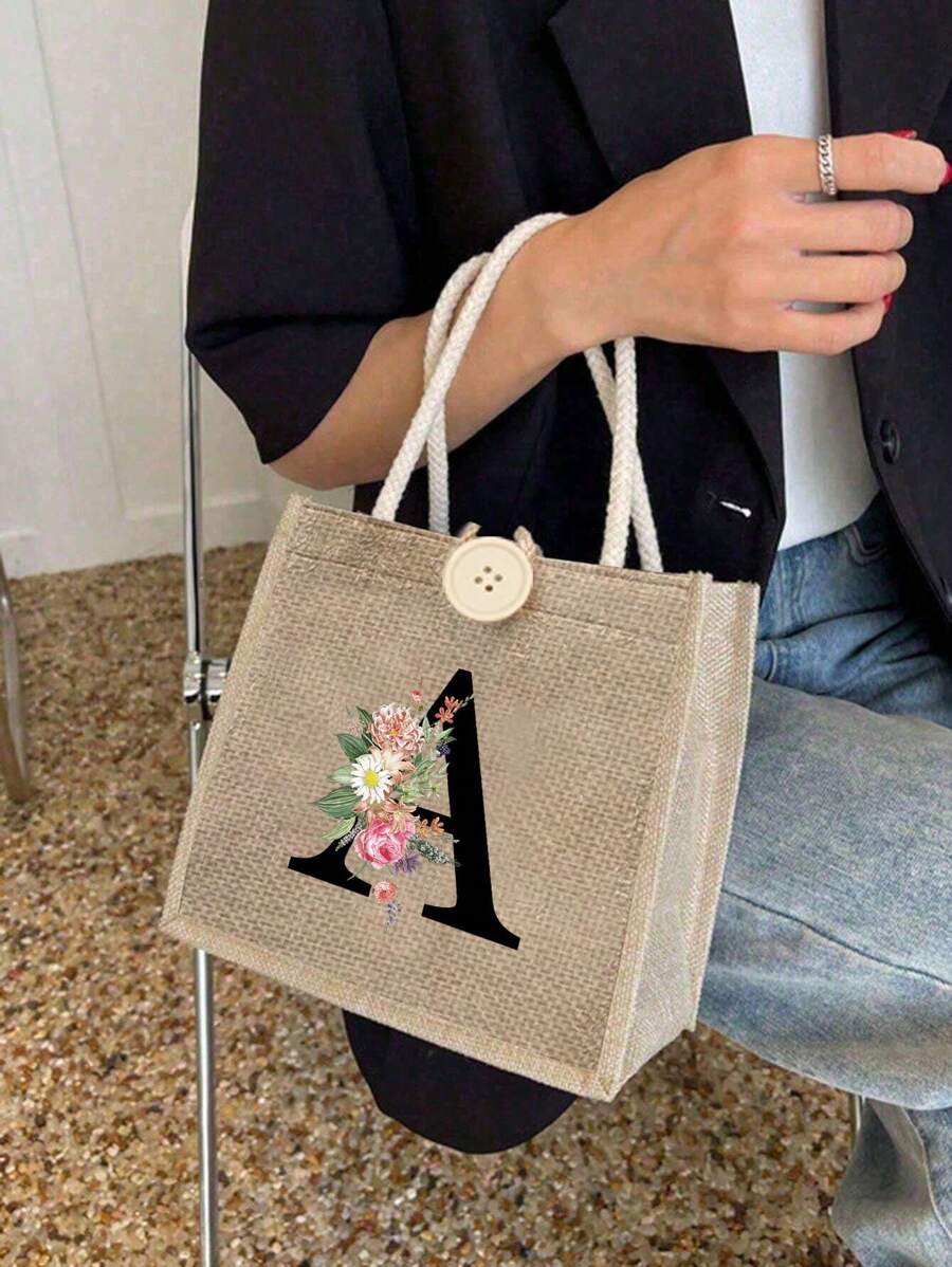 Letter Print Tote Bag, Floral Print Linen Tote Bag, Button Decor Tote Bag, Minimalist Large Capacity Tote Bag, Portable Casual Storage Tote Bag, Multi-Function Shopping Bag, New Design, Large Capacity