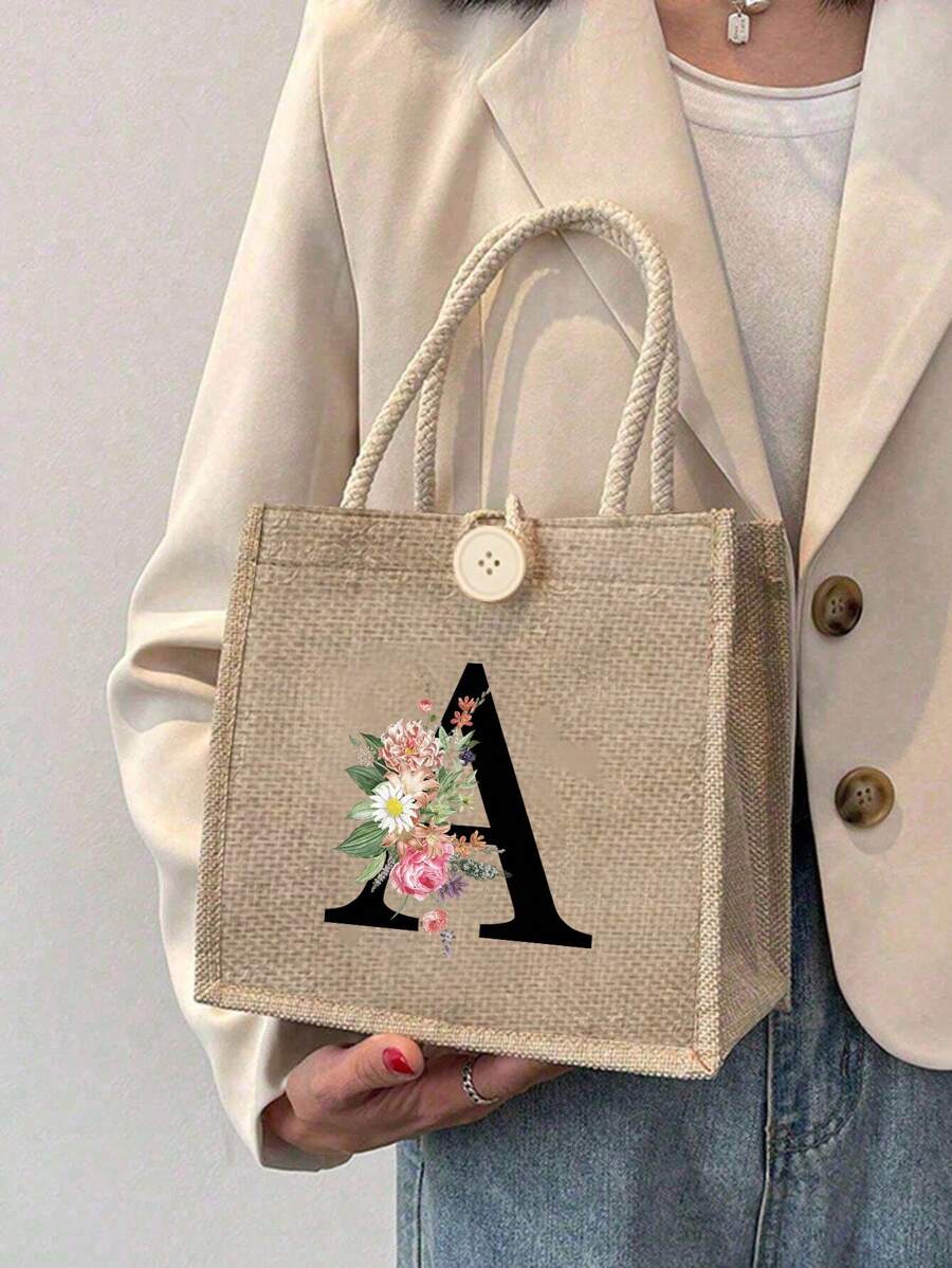 Letter Print Tote Bag, Floral Print Linen Tote Bag, Button Decor Tote Bag, Minimalist Large Capacity Tote Bag, Portable Casual Storage Tote Bag, Multi-Function Shopping Bag, New Design, Large Capacity