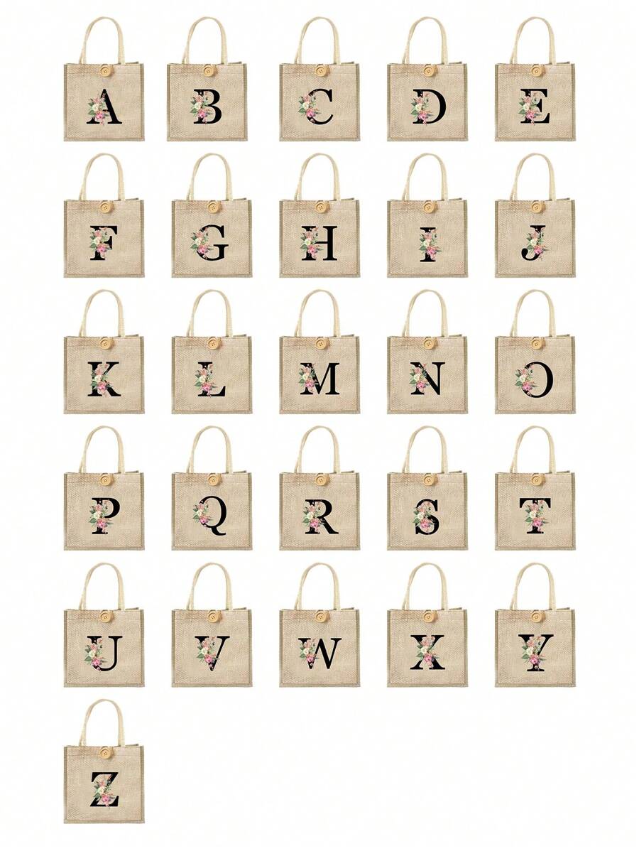 Letter Print Tote Bag, Floral Print Linen Tote Bag, Button Decor Tote Bag, Minimalist Large Capacity Tote Bag, Portable Casual Storage Tote Bag, Multi-Function Shopping Bag, New Design, Large Capacity