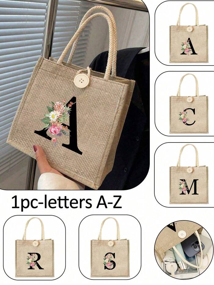 Letter Print Tote Bag, Floral Print Linen Tote Bag, Button Decor Tote Bag