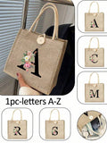 Letter Print Tote Bag, Floral Print Linen Tote Bag, Button Decor Tote Bag