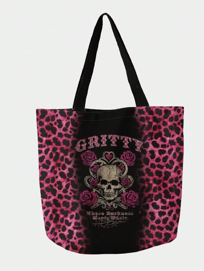 ROMWE Double-Sided Skull Print Canvas Tote Bag, Tote Bags For Women