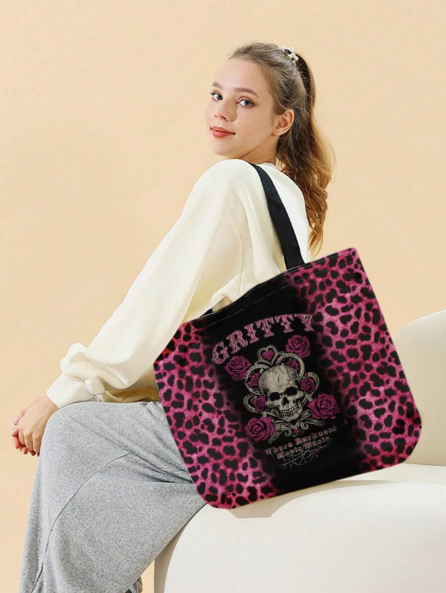 ROMWE Double-Sided Skull Print Canvas Tote Bag, Tote Bags For Women, College Essentials, Halloween Purse Perfect For Fancy Party Halloween Fashion & Gothic Fashion, Best Halloween Gifts For Women, Per