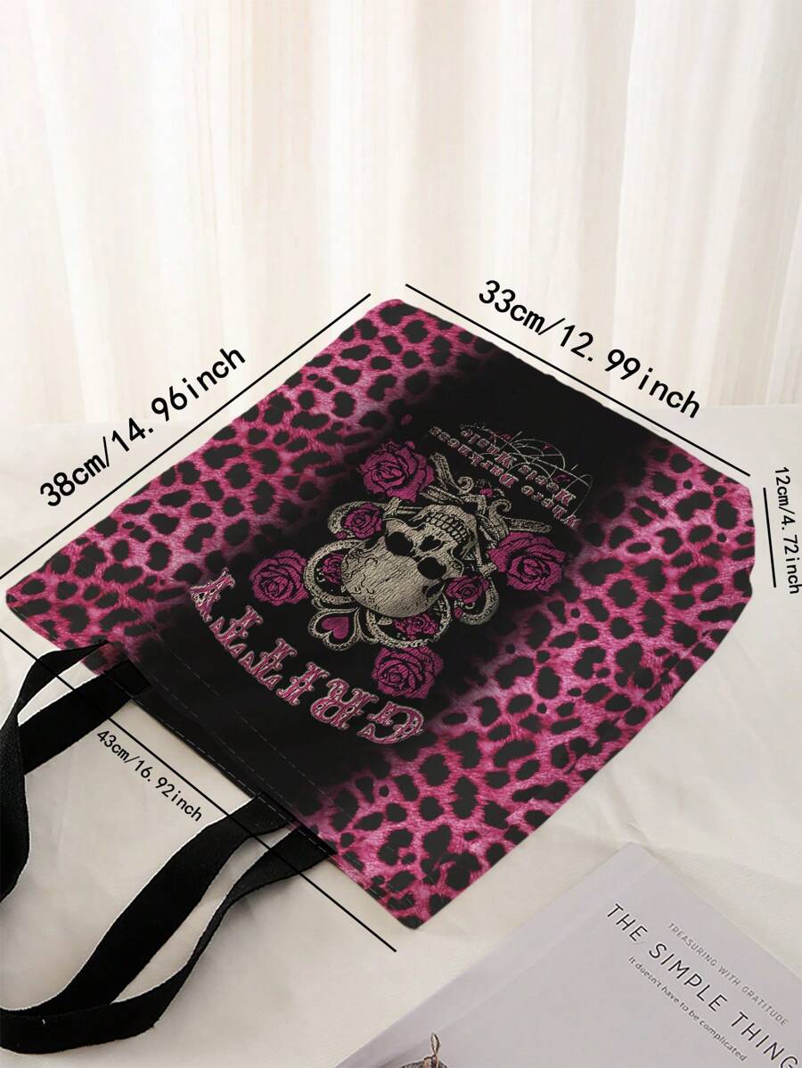 ROMWE Double-Sided Skull Print Canvas Tote Bag, Tote Bags For Women, College Essentials, Halloween Purse Perfect For Fancy Party Halloween Fashion & Gothic Fashion, Best Halloween Gifts For Women, Per