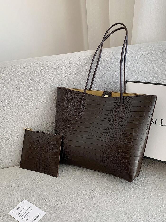 Lightweight Business Casual Crocodile Embossed Shoulder Tote Bag With Coin Purse