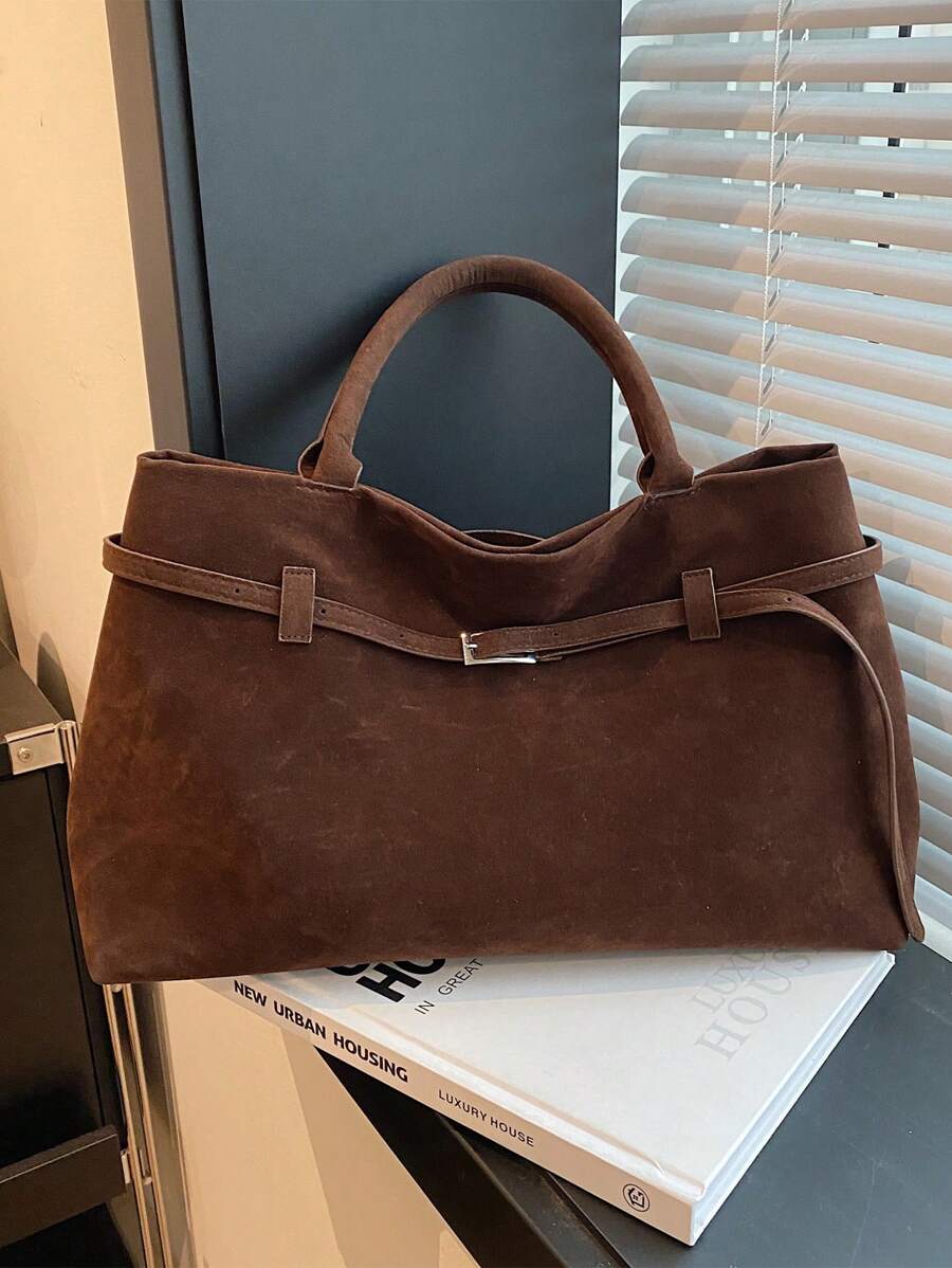 1pc Coffee Color Women Handbag, Retro Suede Leather Tote Bag With Large Capacity, Belt Decor, PU Material, Fashion Vintage Minimalist Style, Suitable For Women Shopping And Daily Use, Tote Bags For La