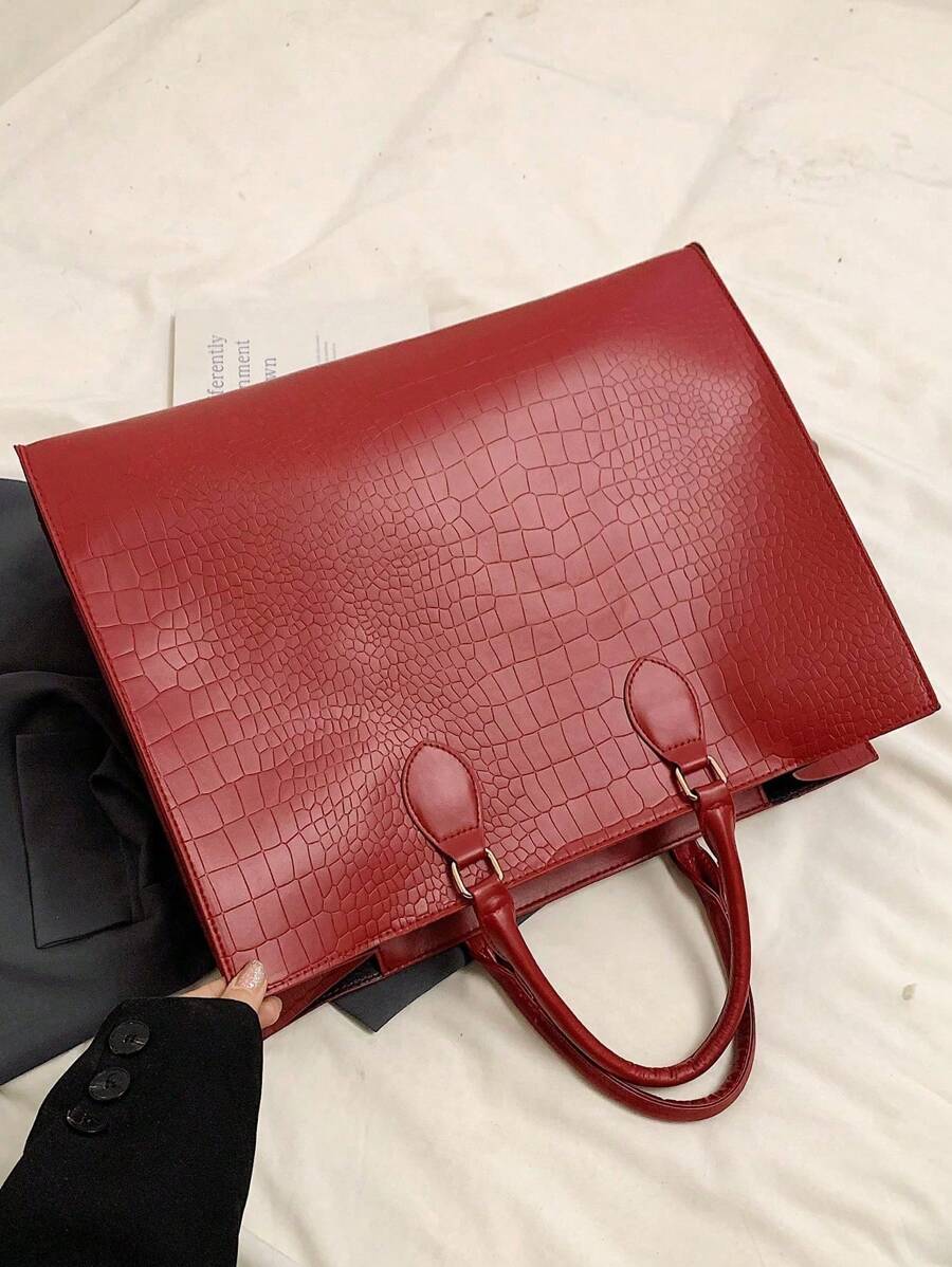 Ankula Burgundy Vintage High-Quality Tote Bag, New Autumn/Winter Fashion All-Match Large Capacity Solid Color Crocodile Grain Handbag, Suitable For Office Ladies, Commuting, Laptop, Daily Outing, Shop