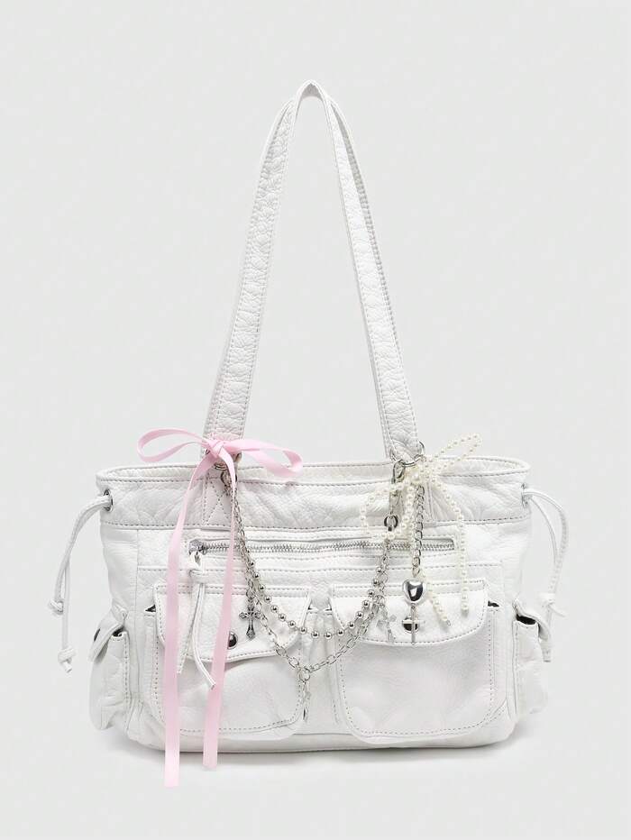 ROMWE Kawaii Vintage Distressed Ombre Cross & Heart Print Bowknot Detail Shoulde