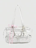 ROMWE Kawaii Vintage Distressed Ombre Cross & Heart Print Bowknot Detail Shoulde