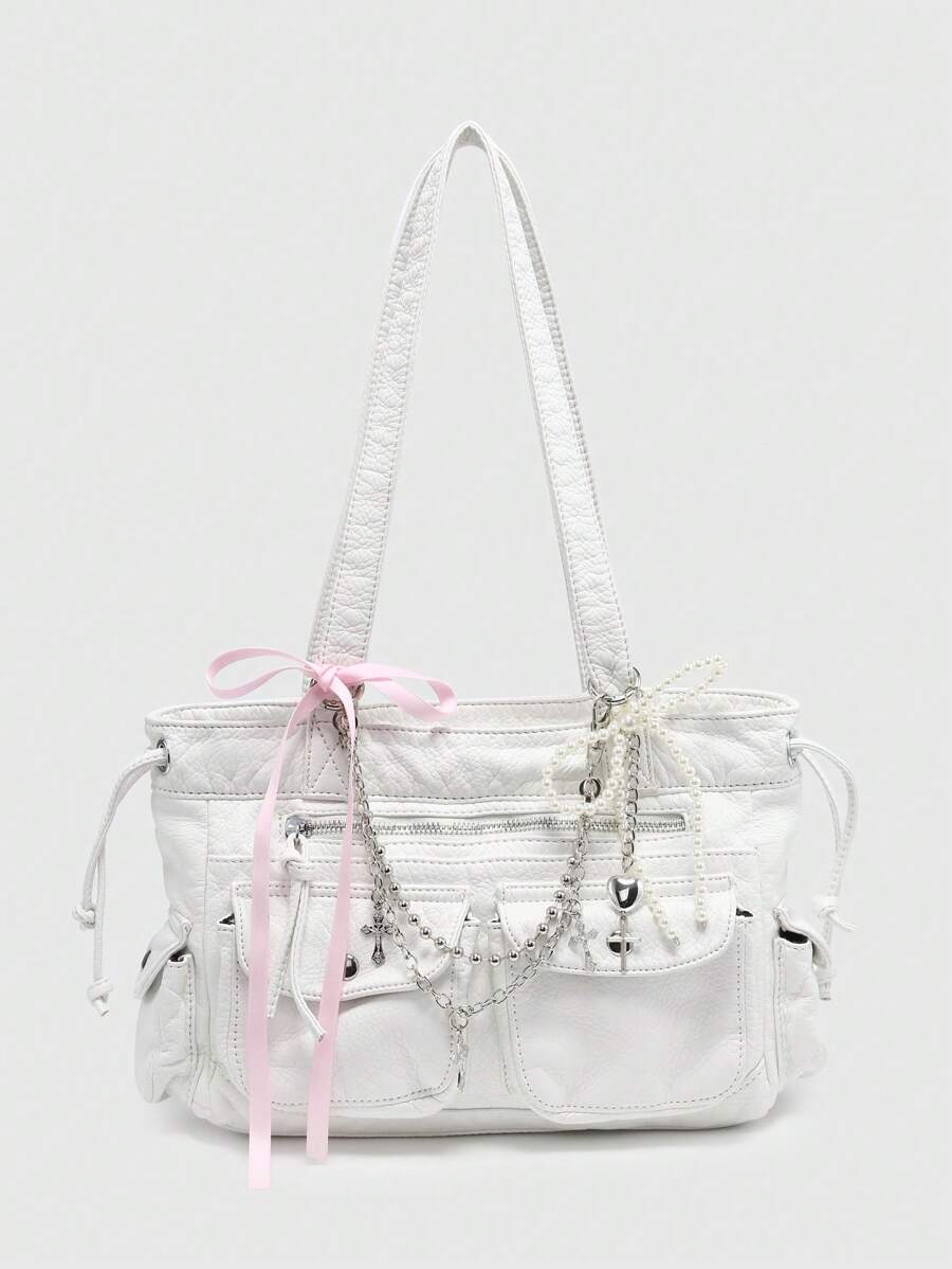 ROMWE Kawaii Women's Vintage Distressed Ombre Cross & Heart Charm Ribbon Tie Bow Decor Shoulder Tote Bag, Large Capacity Multifunctional Handbag