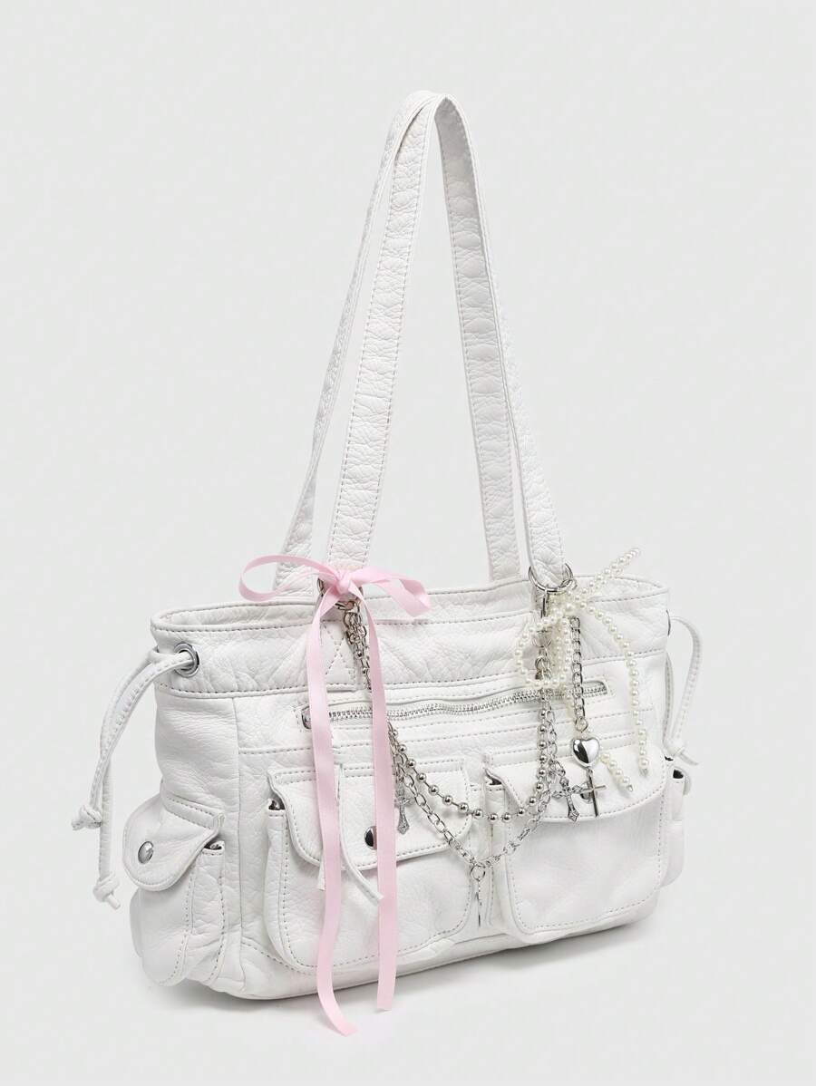 ROMWE Kawaii Vintage Distressed Ombre Cross & Heart Print Bowknot Detail Shoulder Tote Bag, Spacious Pink Shoulder Handbag With Multiple Pockets