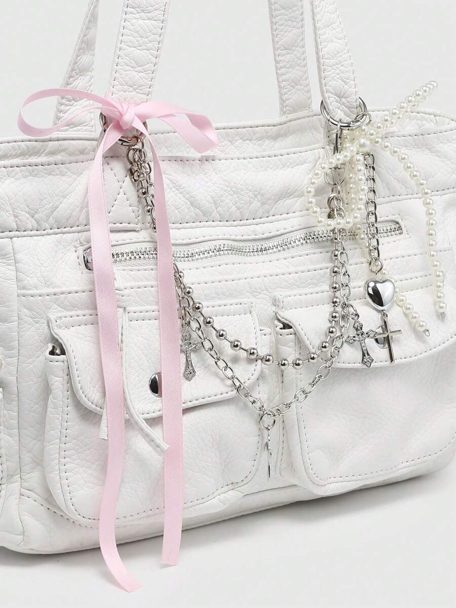 ROMWE Kawaii Vintage Distressed Ombre Cross & Heart Print Bowknot Detail Shoulder Tote Bag, Spacious Pink Shoulder Handbag With Multiple Pockets