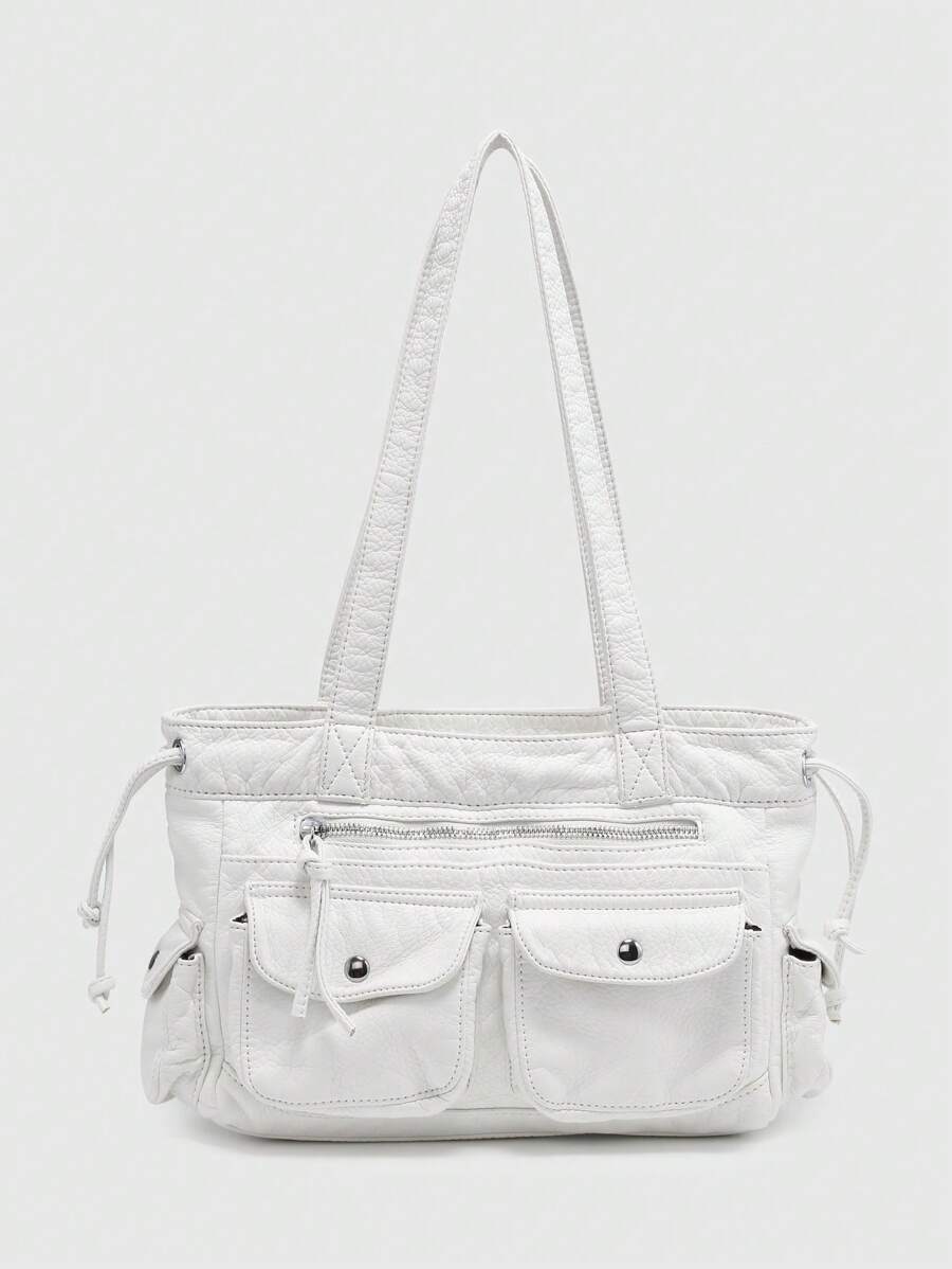 ROMWE Kawaii Vintage Distressed Ombre Cross & Heart Print Bowknot Detail Shoulder Tote Bag, Spacious Pink Shoulder Handbag With Multiple Pockets