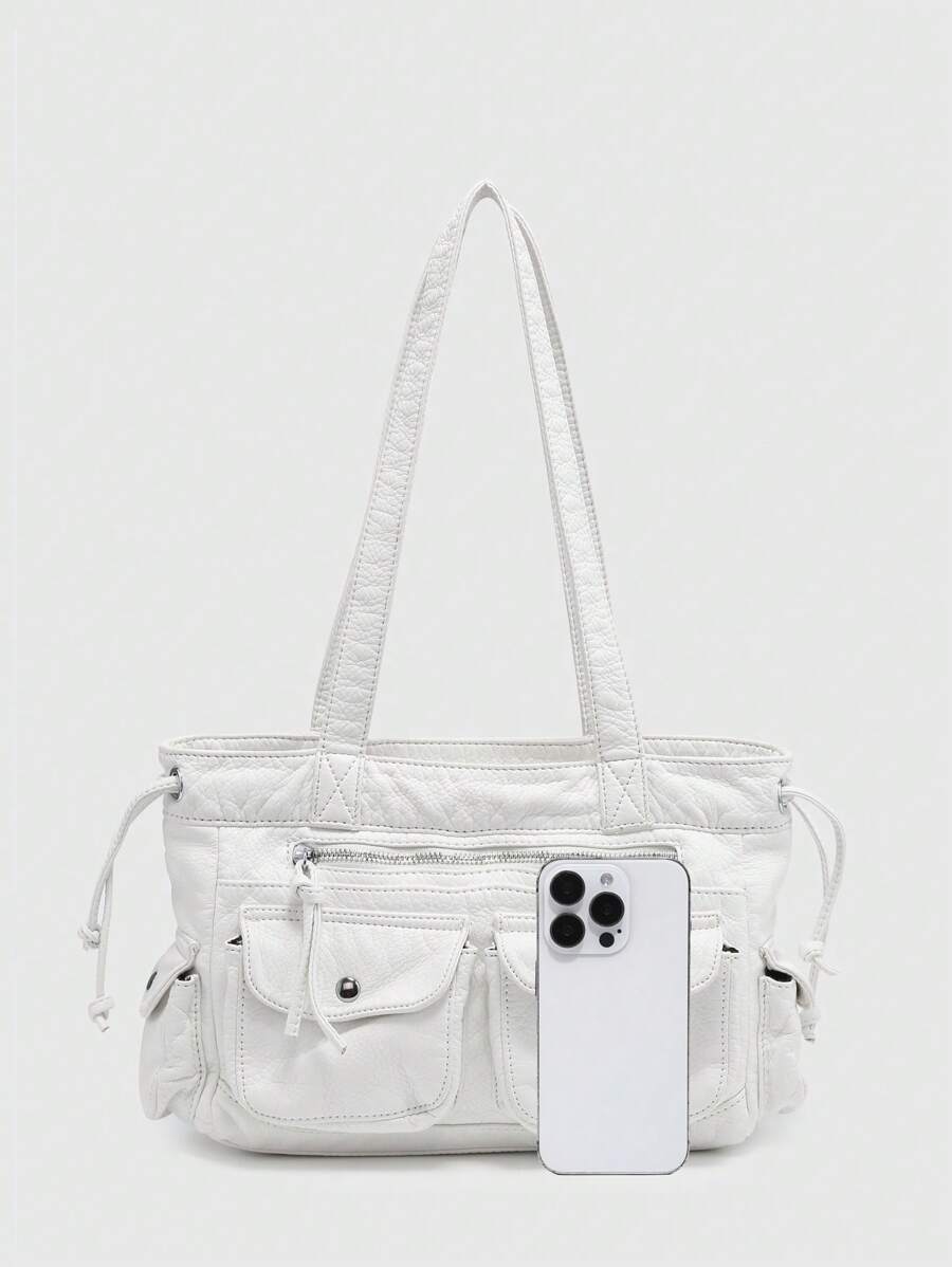 ROMWE Kawaii Vintage Distressed Ombre Cross & Heart Print Bowknot Detail Shoulder Tote Bag, Spacious Pink Shoulder Handbag With Multiple Pockets