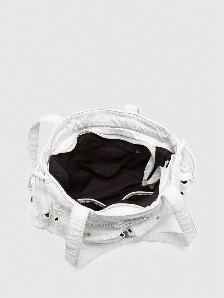 ROMWE Kawaii Vintage Distressed Ombre Cross & Heart Print Bowknot Detail Shoulder Tote Bag, Spacious Pink Shoulder Handbag With Multiple Pockets
