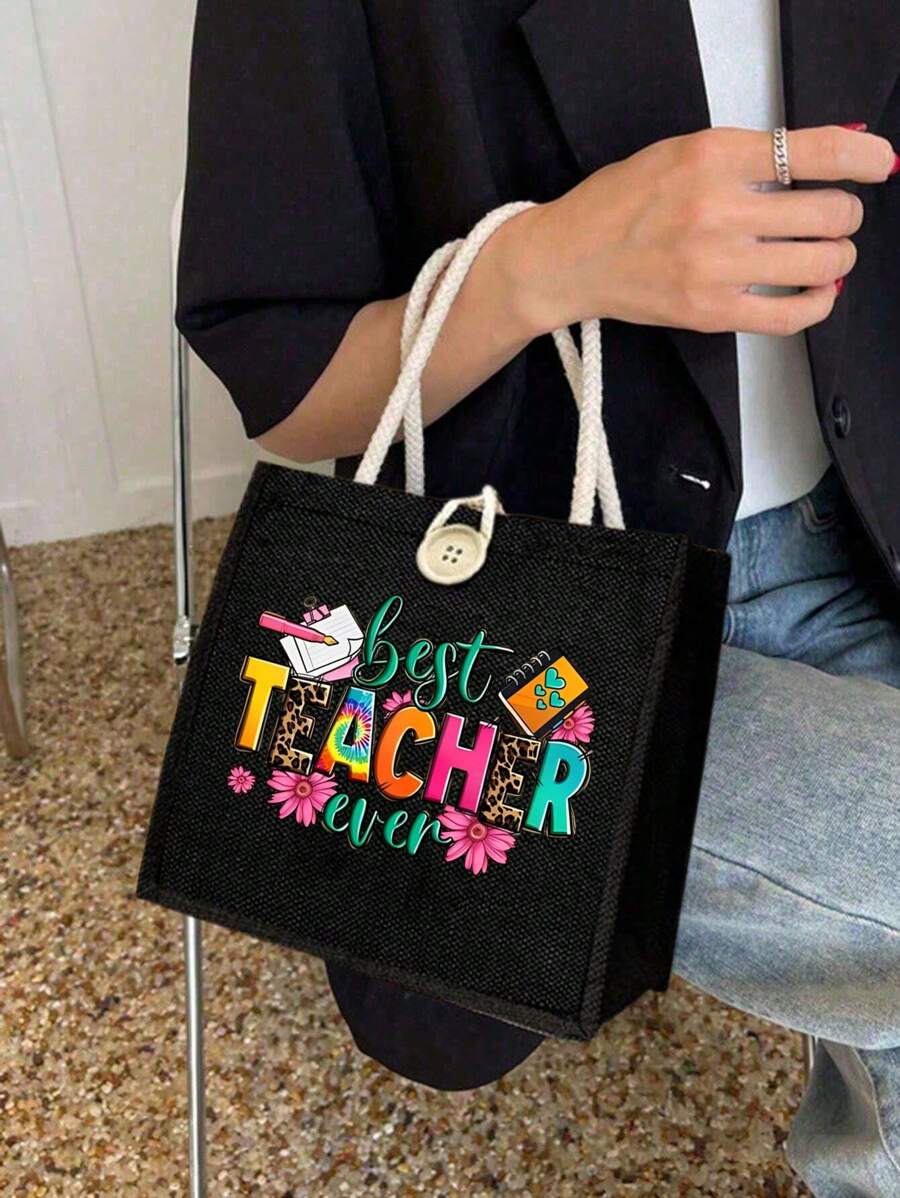 Best Teacher' Letter Print Tote Bag- Suitable For Mother's Day, Thanksgiving, Women's Day And Goddess Festival Gifts. Suitable For Daily Use.