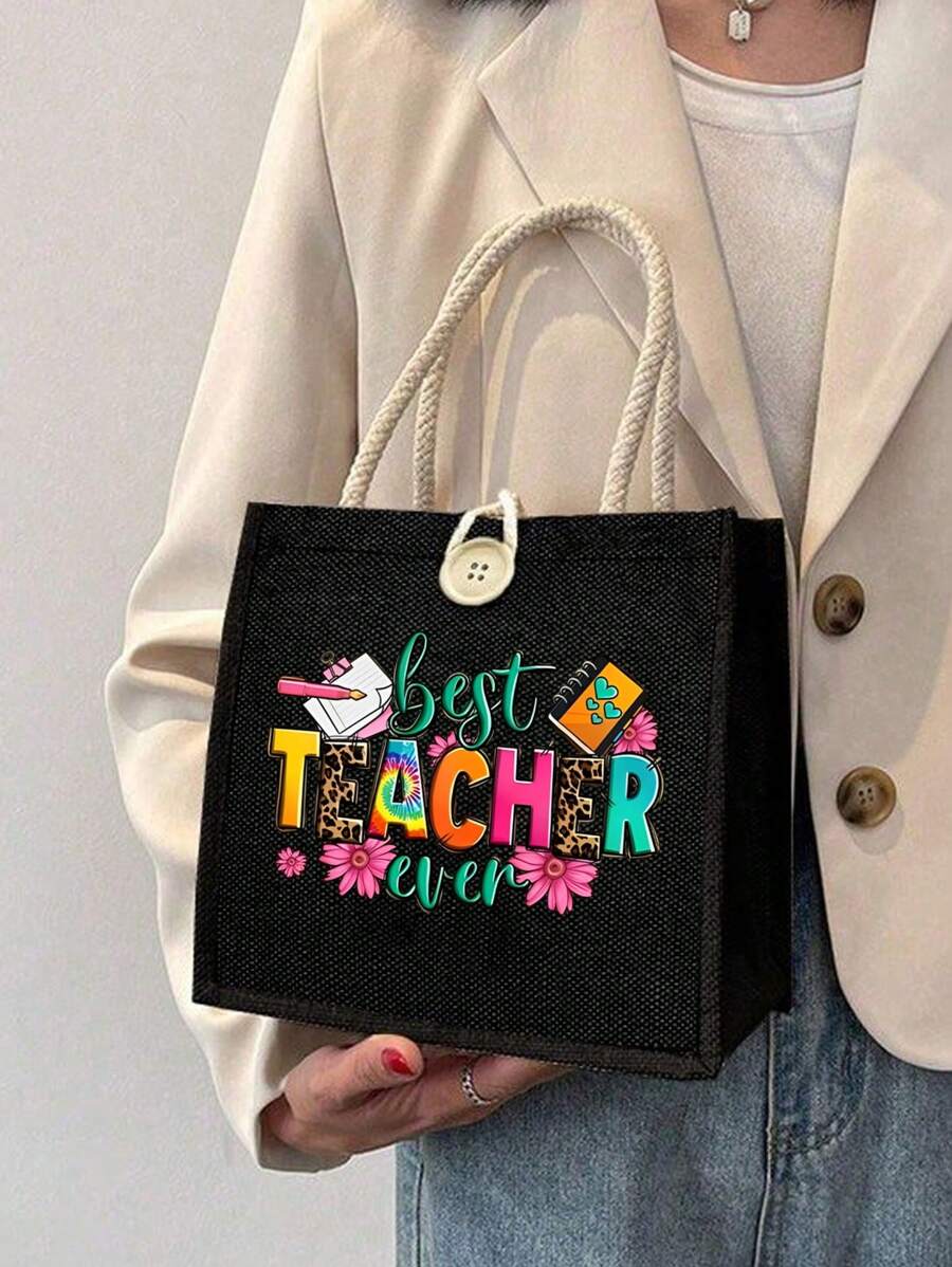 Best Teacher' Letter Print Tote Bag- Suitable For Mother's Day, Thanksgiving, Women's Day And Goddess Festival Gifts. Suitable For Daily Use.