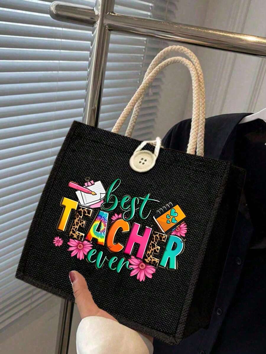 Best Teacher' Letter Print Tote Bag- Suitable For Mother's Day, Thanksgiving, Women's Day And Goddess Festival Gifts. Suitable For Daily Use.
