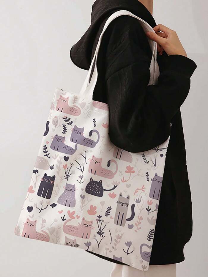 Cat & Dog Print Reversible Shoulder Tote Bag, Casual Travel Beach Bag