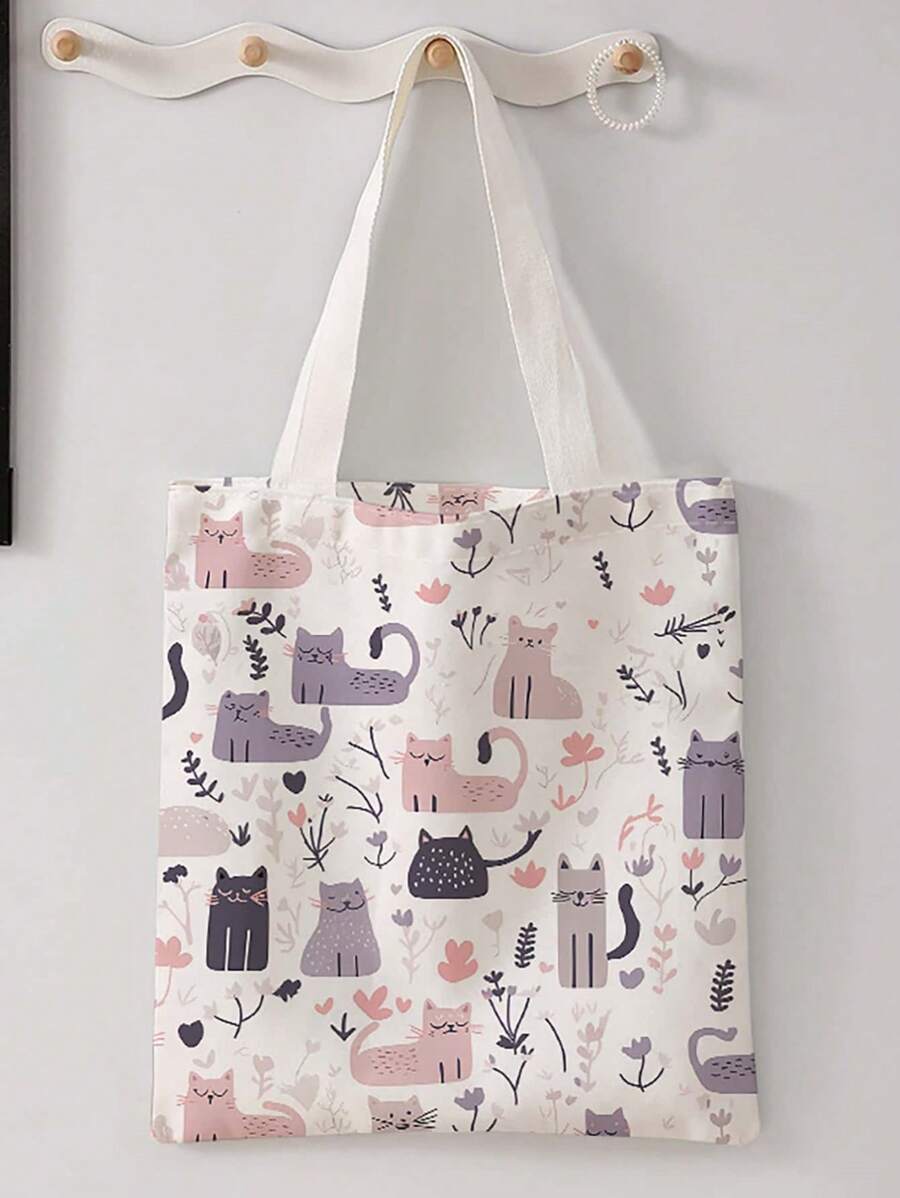 Cat & Dog Print Reversible Shoulder Tote Bag, Casual Travel Beach Bag, Large Capacity Reusable Shoulder Shopping Bag, Women Casual Shoulder Handbag, Large Capacity Canvas Beach Bag Tote, Printed Women
