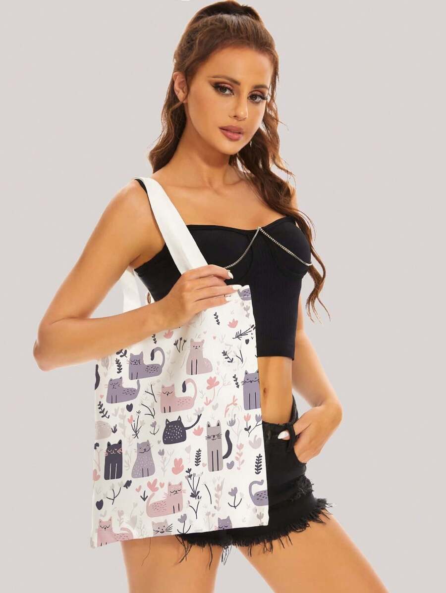 Cat & Dog Print Reversible Shoulder Tote Bag, Casual Travel Beach Bag, Large Capacity Reusable Shoulder Shopping Bag, Women Casual Shoulder Handbag, Large Capacity Canvas Beach Bag Tote, Printed Women