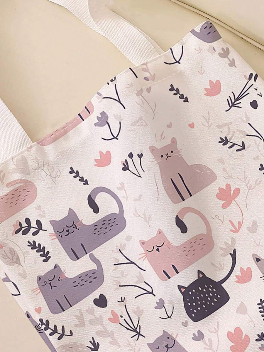 Cat & Dog Print Reversible Shoulder Tote Bag, Casual Travel Beach Bag, Large Capacity Reusable Shoulder Shopping Bag, Women Casual Shoulder Handbag, Large Capacity Canvas Beach Bag Tote, Printed Women