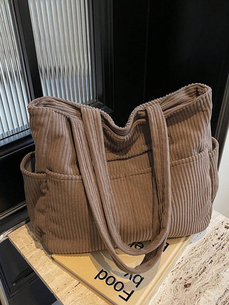 2026 New Women's Large Capacity Commuter Shoulder Bag, Niche Design Casual Versatile Minimalist Fashion Corduroy Texture Long Strap Zipper Closure Large Space Handbag Tote Bag Artistic Slouchy Casual