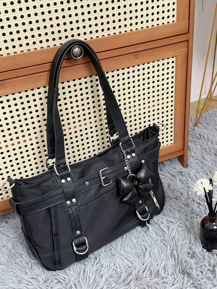 2024 New Student Handbag Women Large Capacity Shoulder Crossbody Bag Cute Motorcycle Bag Minimalist Design Commuter Tote