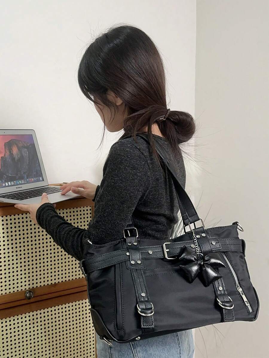 2024 New Student Handbag Women Large Capacity Shoulder Crossbody Bag Cute Motorcycle Bag Minimalist Design Commuter Tote