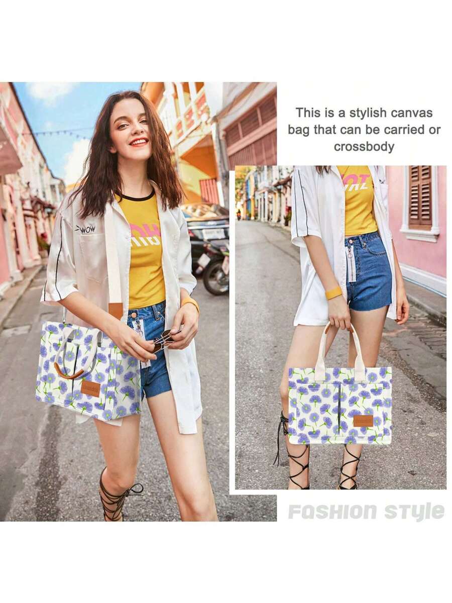 Hatisan Canvas Tote Bag For Women With Pockets Crossbody Bag Tote Shoulder Handbags Casual Work Bags Everything Tote Bag
